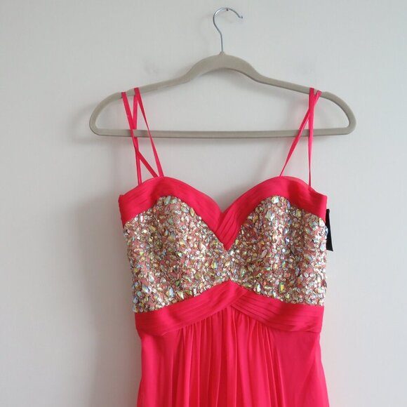 LA FEMME 18733 Beaded Bodice Chiffon Strapless Maxi Prom Dress Watermelon 4 NWT - Picture 3 of 15